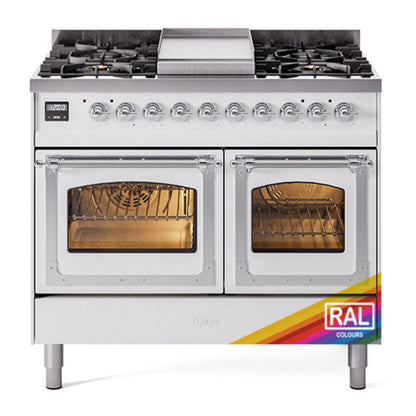 ILVE Nostalgie II 40-Inch Dual Fuel Range with 6 Sealed Burners + Griddle, 4.3 cu. ft. Oven, RAL with Chrome Trim, Natural Gas, Triple Glass Door, UND40FNMPRAC