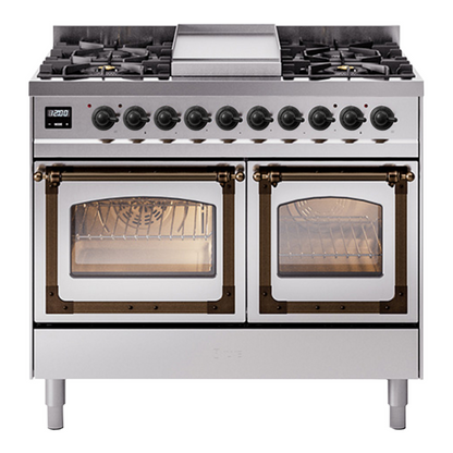 ILVE Nostalgie II 40-Inch Dual Fuel Range with 6 Sealed Burners + Griddle, 4.3 cu. ft. Oven, Stainless Steel with Burnished Trim, Liquid Propane, Triple Glass Door, UND40FNMPSSBLP