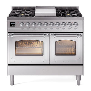 ILVE Nostalgie II 40-Inch Dual Fuel Range with 6 Sealed Burners + Griddle, 4.3 cu. ft. Oven, Stainless Steel with Chrome Trim, Liquid Propane, Triple Glass Door, UND40FNMPSSCLP