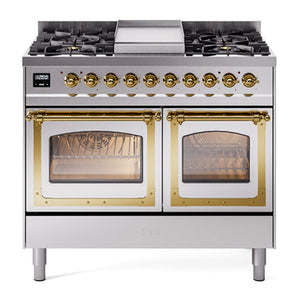 ILVE Nostalgie II 40-Inch Dual Fuel Range with 6 Sealed Burners + Griddle, 4.3 cu. ft. Oven, Stainless Steel with Brass Trim, Liquid Propane, Triple Glass Door, UND40FNMPSSGLP