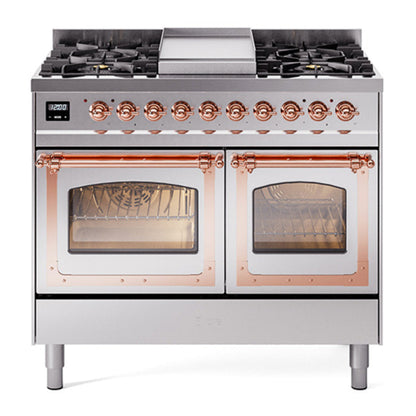 ILVE Nostalgie II 40-Inch Dual Fuel Range with 6 Sealed Burners + Griddle, 4.3 cu. ft. Oven, Stainless Steel with Copper Trim, Liquid Propane, Triple Glass Door, UND40FNMPSSPLP
