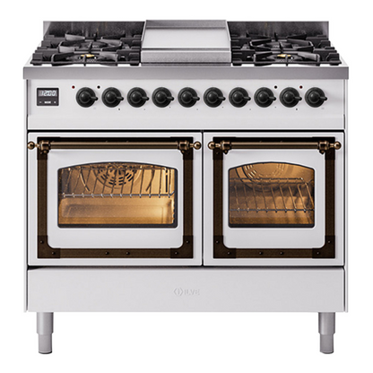ILVE Nostalgie II 40-Inch Dual Fuel Range with 6 Sealed Burners + Griddle, 4.3 cu. ft. Oven, White with Burnished Trim, Liquid Propane, Triple Glass Door, UND40FNMPWHBLP