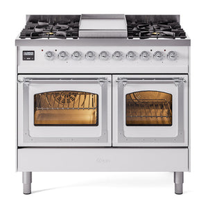 ILVE Nostalgie II 40-Inch Dual Fuel Range with 6 Sealed Burners + Griddle, 4.3 cu. ft. Oven, White with Chrome Trim, Natural Gas, Triple Glass Door, UND40FNMPWHC