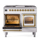 ILVE Nostalgie II 40-Inch Dual Fuel Range with 6 Sealed Burners + Griddle, 4.3 cu. ft. Oven, White with Brass Trim, Liquid Propane, Triple Glass Door, UND40FNMPWHGLP