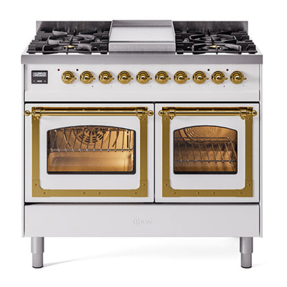ILVE Nostalgie II 40-Inch Dual Fuel Range with 6 Sealed Burners + Griddle, 4.3 cu. ft. Oven, White with Brass Trim, Liquid Propane, Triple Glass Door, UND40FNMPWHGLP