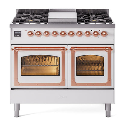 ILVE Nostalgie II 40-Inch Dual Fuel Range with 6 Sealed Burners + Griddle, 4.3 cu. ft. Oven, White with Copper Trim, Natural Gas, Triple Glass Door, UND40FNMPWHP