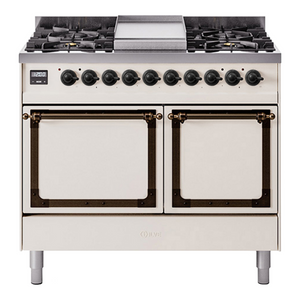 ILVE Nostalgie II 40-Inch Dual Fuel Range with 6 Sealed Burners + Griddle, 4.3 cu. ft. Oven, Antique White with Burnished Trim, Liquid Propane, Solid Door, UND40FQNMPAWBLP