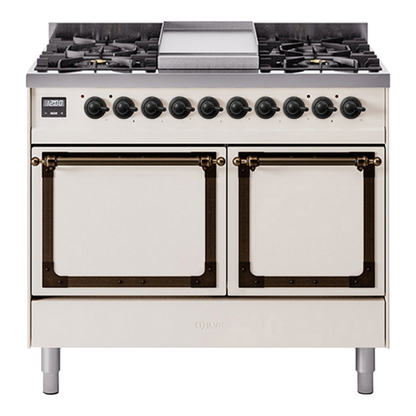 ILVE Nostalgie II 40-Inch Dual Fuel Range with 6 Sealed Burners + Griddle, 4.3 cu. ft. Oven, Antique White with Burnished Trim, Liquid Propane, Solid Door, UND40FQNMPAWBLP