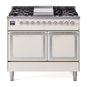 ILVE Nostalgie II 40-Inch Dual Fuel Range with 6 Sealed Burners + Griddle, 4.3 cu. ft. Oven, Antique White with Chrome Trim, Natural Gas, Solid Door, UND40FQNMPAWC