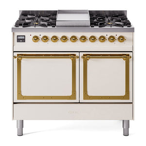 ILVE Nostalgie II 40-Inch Dual Fuel Range with 6 Sealed Burners + Griddle, 4.3 cu. ft. Oven, Antique White with Brass Trim, Liquid Propane, Solid Door, UND40FQNMPAWGLP