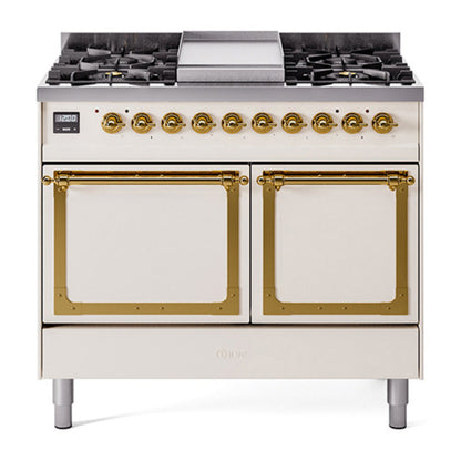 ILVE Nostalgie II 40-Inch Dual Fuel Range with 6 Sealed Burners + Griddle, 4.3 cu. ft. Oven, Antique White with Brass Trim, Liquid Propane, Solid Door, UND40FQNMPAWGLP