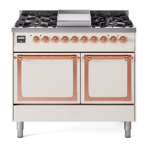 ILVE Nostalgie II 40-Inch Dual Fuel Range with 6 Sealed Burners + Griddle, 4.3 cu. ft. Oven, Antique White with Copper Trim, Natural Gas, Solid Door, UND40FQNMPAWP
