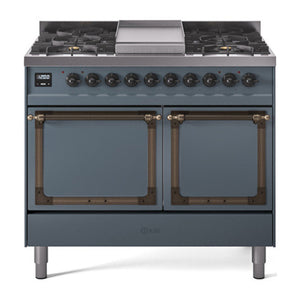 ILVE Nostalgie II 40-Inch Dual Fuel Range with 6 Sealed Burners + Griddle, 4.3 cu. ft. Oven, Blue Grey with Burnished Trim, Liquid Propane, Solid Door, UND40FQNMPBGBLP