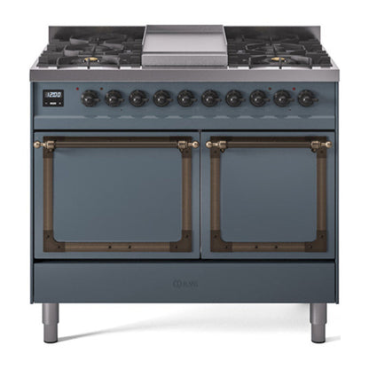 ILVE Nostalgie II 40-Inch Dual Fuel Range with 6 Sealed Burners + Griddle, 4.3 cu. ft. Oven, Blue Grey with Burnished Trim, Liquid Propane, Solid Door, UND40FQNMPBGBLP