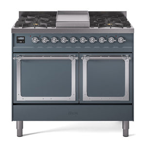 ILVE Nostalgie II 40-Inch Dual Fuel Range with 6 Sealed Burners + Griddle, 4.3 cu. ft. Oven, Blue Grey with Chrome Trim, Liquid Propane, Solid Door, UND40FQNMPBGCLP