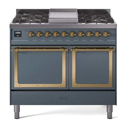 ILVE Nostalgie II 40-Inch Dual Fuel Range with 6 Sealed Burners + Griddle, 4.3 cu. ft. Oven, Blue Grey with Brass Trim, Liquid Propane, Solid Door, UND40FQNMPBGGLP