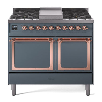 ILVE Nostalgie II 40-Inch Dual Fuel Range with 6 Sealed Burners + Griddle, 4.3 cu. ft. Oven, Blue Grey with Copper Trim, Liquid Propane, Solid Door, UND40FQNMPBGPLP