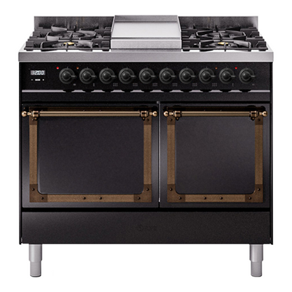ILVE Nostalgie II 40-Inch Dual Fuel Range with 6 Sealed Burners + Griddle, 4.3 cu. ft. Oven, Glossy Black with Burnished Trim, Liquid Propane, Solid Door, UND40FQNMPBKBLP