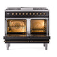 ILVE Nostalgie II 40-Inch Dual Fuel Range with 6 Sealed Burners + Griddle, 4.3 cu. ft. Oven, Glossy Black with Burnished Trim, Natural Gas, Solid Door, UND40FQNMPBKB