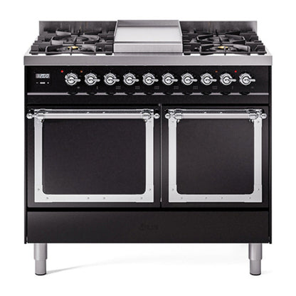 ILVE Nostalgie II 40-Inch Dual Fuel Range with 6 Sealed Burners + Griddle, 4.3 cu. ft. Oven, Glossy Black with Chrome Trim, Liquid Propane, Solid Door, UND40FQNMPBKCLP