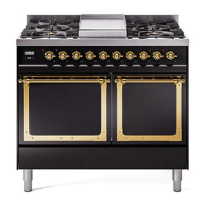 ILVE Nostalgie II 40-Inch Dual Fuel Range with 6 Sealed Burners + Griddle, 4.3 cu. ft. Oven, Glossy Black with Brass Trim, Liquid Propane, Solid Door, UND40FQNMPBKGLP