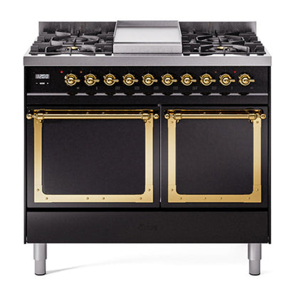 ILVE Nostalgie II 40-Inch Dual Fuel Range with 6 Sealed Burners + Griddle, 4.3 cu. ft. Oven, Glossy Black with Brass Trim, Natural Gas, Solid Door, UND40FQNMPBKG