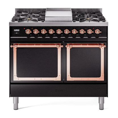 ILVE Nostalgie II 40-Inch Dual Fuel Range with 6 Sealed Burners + Griddle, 4.3 cu. ft. Oven, Glossy Black with Copper Trim, Natural Gas, Solid Door, UND40FQNMPBKP