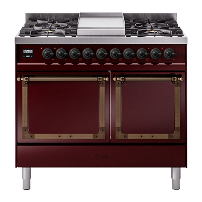 ILVE Nostalgie II 40-Inch Dual Fuel Range with 6 Sealed Burners + Griddle, 4.3 cu. ft. Oven, Burgundy with Burnished Trim, Natural Gas, Solid Door, UND40FQNMPBUB