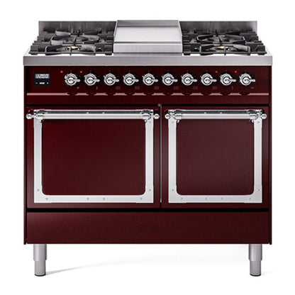 ILVE Nostalgie II 40-Inch Dual Fuel Range with 6 Sealed Burners + Griddle, 4.3 cu. ft. Oven, Burgundy with Chrome Trim, Liquid Propane, Solid Door, UND40FQNMPBUCLP