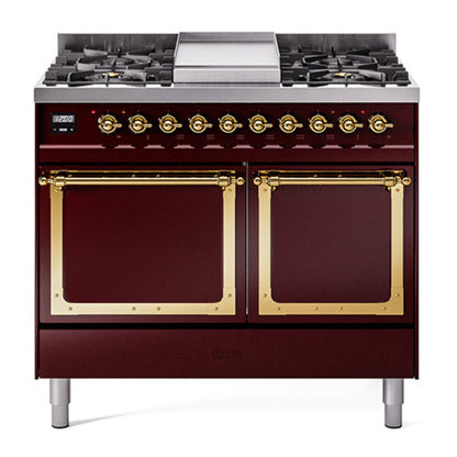 ILVE Nostalgie II 40-Inch Dual Fuel Range with 6 Sealed Burners + Griddle, 4.3 cu. ft. Oven, Burgundy with Brass Trim, Liquid Propane, Solid Door, UND40FQNMPBUGLP
