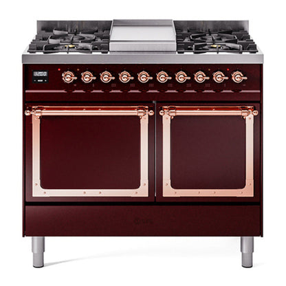 ILVE Nostalgie II 40-Inch Dual Fuel Range with 6 Sealed Burners + Griddle, 4.3 cu. ft. Oven, Burgundy with Copper Trim, Liquid Propane, Solid Door, UND40FQNMPBUPLP