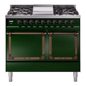 ILVE Nostalgie II 40-Inch Dual Fuel Range with 6 Sealed Burners + Griddle, 4.3 cu. ft. Oven, Emerald Green with Burnished Trim, Natural Gas, Solid Door, UND40FQNMPEGB
