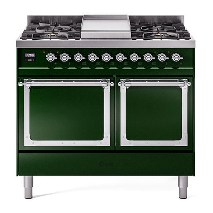 ILVE Nostalgie II 40-Inch Dual Fuel Range with 6 Sealed Burners + Griddle, 4.3 cu. ft. Oven, Emerald Green with Chrome Trim, Natural Gas, Solid Door, UND40FQNMPEGC