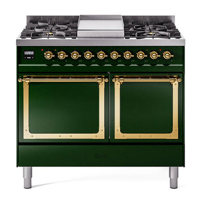 ILVE Nostalgie II 40-Inch Dual Fuel Range with 6 Sealed Burners + Griddle, 4.3 cu. ft. Oven, Emerald Green with Brass Trim, Liquid Propane, Solid Door, UND40FQNMPEGGLP