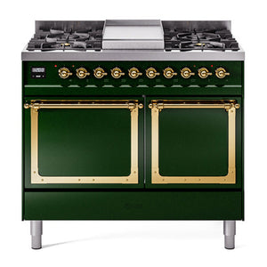 ILVE Nostalgie II 40-Inch Dual Fuel Range with 6 Sealed Burners + Griddle, 4.3 cu. ft. Oven, Emerald Green with Brass Trim, Natural Gas, Solid Door, UND40FQNMPEGG
