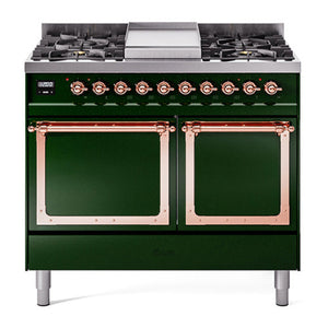 ILVE Nostalgie II 40-Inch Dual Fuel Range with 6 Sealed Burners + Griddle, 4.3 cu. ft. Oven, Emerald Green with Copper Trim, Natural Gas, Solid Door, UND40FQNMPEGP