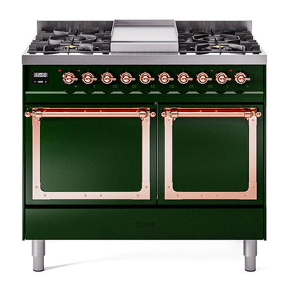 ILVE Nostalgie II 40-Inch Dual Fuel Range with 6 Sealed Burners + Griddle, 4.3 cu. ft. Oven, Emerald Green with Copper Trim, Natural Gas, Solid Door, UND40FQNMPEGP