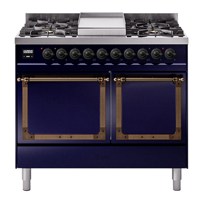 ILVE Nostalgie II 40-Inch Dual Fuel Range with 6 Sealed Burners + Griddle, 4.3 cu. ft. Oven, Midnight Blue with Burnished Trim, Liquid Propane, Solid Door, UND40FQNMPMBBLP