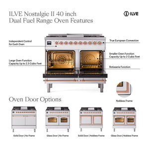 ILVE Nostalgie II 40-Inch Dual Fuel Range with 6 Sealed Burners + Griddle, 4.3 cu. ft. Oven, Midnight Blue with Burnished Trim, Natural Gas, Solid Door, UND40FQNMPMBB