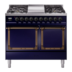 ILVE Nostalgie II 40-Inch Dual Fuel Range with 6 Sealed Burners + Griddle, 4.3 cu. ft. Oven, Midnight Blue with Burnished Trim, Natural Gas, Solid Door, UND40FQNMPMBB