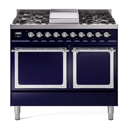 ILVE Nostalgie II 40-Inch Dual Fuel Range with 6 Sealed Burners + Griddle, 4.3 cu. ft. Oven, Midnight Blue with Chrome Trim, Natural Gas, Solid Door, UND40FQNMPMBC