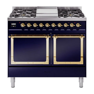 ILVE Nostalgie II 40-Inch Dual Fuel Range with 6 Sealed Burners + Griddle, 4.3 cu. ft. Oven, Midnight Blue with Brass Trim, Liquid Propane, Solid Door, UND40FQNMPMBGLP