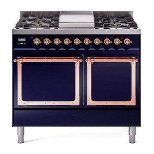 ILVE Nostalgie II 40-Inch Dual Fuel Range with 6 Sealed Burners + Griddle, 4.3 cu. ft. Oven, Midnight Blue with Copper Trim, Liquid Propane, Solid Door, UND40FQNMPMBPLP