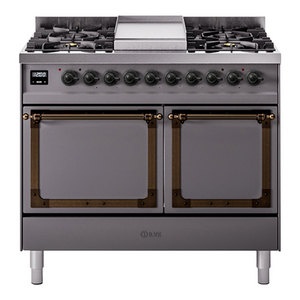 ILVE Nostalgie II 40-Inch Dual Fuel Range with 6 Sealed Burners + Griddle, 4.3 cu. ft. Oven, Graphite Matte with Burnished Trim, Natural Gas, Solid Door, UND40FQNMPMGB