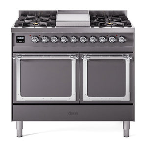 ILVE Nostalgie II 40-Inch Dual Fuel Range with 6 Sealed Burners + Griddle, 4.3 cu. ft. Oven, Graphite Matte with Chrome Trim, Natural Gas, Solid Door, UND40FQNMPMGC