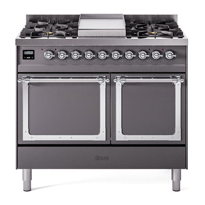 ILVE Nostalgie II 40-Inch Dual Fuel Range with 6 Sealed Burners + Griddle, 4.3 cu. ft. Oven, Graphite Matte with Chrome Trim, Natural Gas, Solid Door, UND40FQNMPMGC