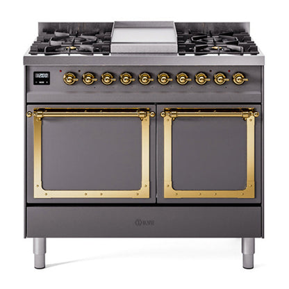 ILVE Nostalgie II 40-Inch Dual Fuel Range with 6 Sealed Burners + Griddle, 4.3 cu. ft. Oven, Graphite Matte with Brass Trim, Liquid Propane, Solid Door, UND40FQNMPMGGLP