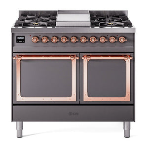 ILVE Nostalgie II 40-Inch Dual Fuel Range with 6 Sealed Burners + Griddle, 4.3 cu. ft. Oven, Graphite Matte with Copper Trim, Natural Gas, Solid Door, UND40FQNMPMGP