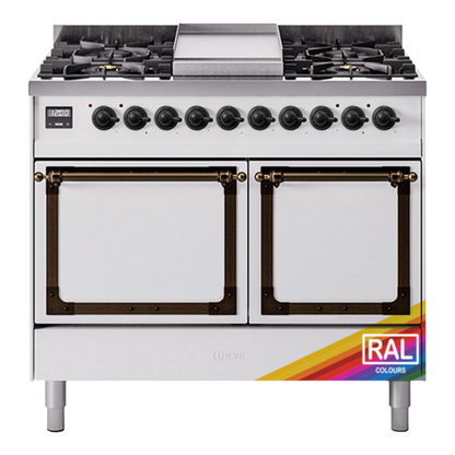ILVE Nostalgie II 40-Inch Dual Fuel Range with 6 Sealed Burners + Griddle, 4.3 cu. ft. Oven, RAL with Burnished Trim, Natural Gas, Solid Door, UND40FQNMPRAB