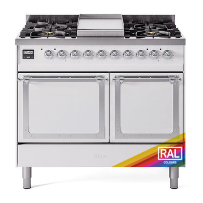 ILVE Nostalgie II 40-Inch Dual Fuel Range with 6 Sealed Burners + Griddle, 4.3 cu. ft. Oven, RAL with Chrome Trim, Liquid Propane, Solid Door, UND40FQNMPRACLP
